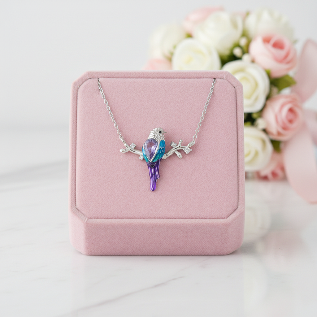 A silver necklace with a bird pendant featuring blue and purple crystal details, displayed on a pink jewelry box with blurred white and pink flowers in the background.