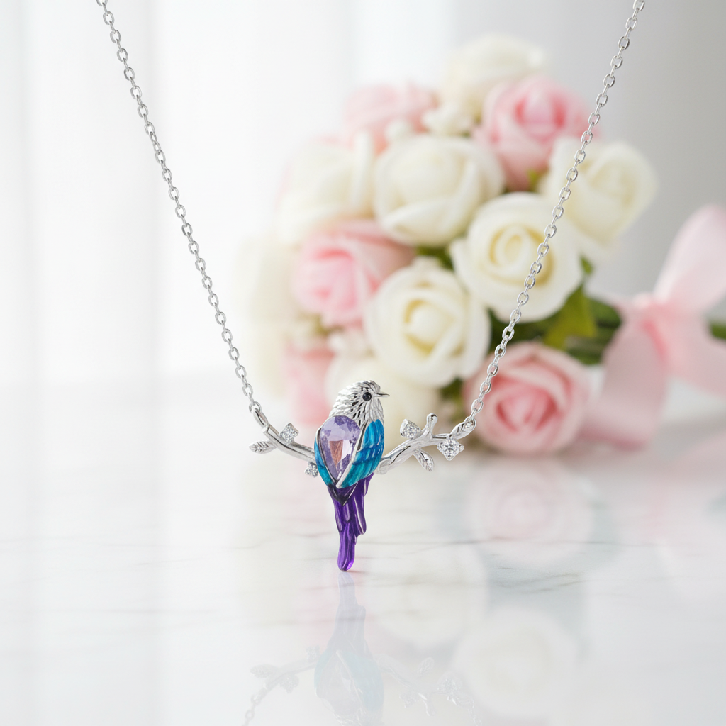 A silver necklace with a bird pendant made of iridescent blue and purple crystals, displayed against a soft-focus background of white and pink roses.