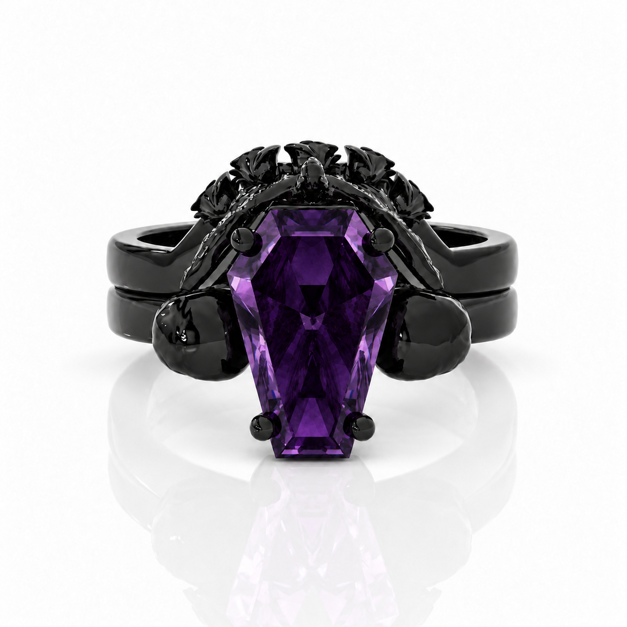 My Ever After Ring - Coffin Cut Diamond Option with Skulls, Bat and Roses Promise Ring-Black Diamonds New York