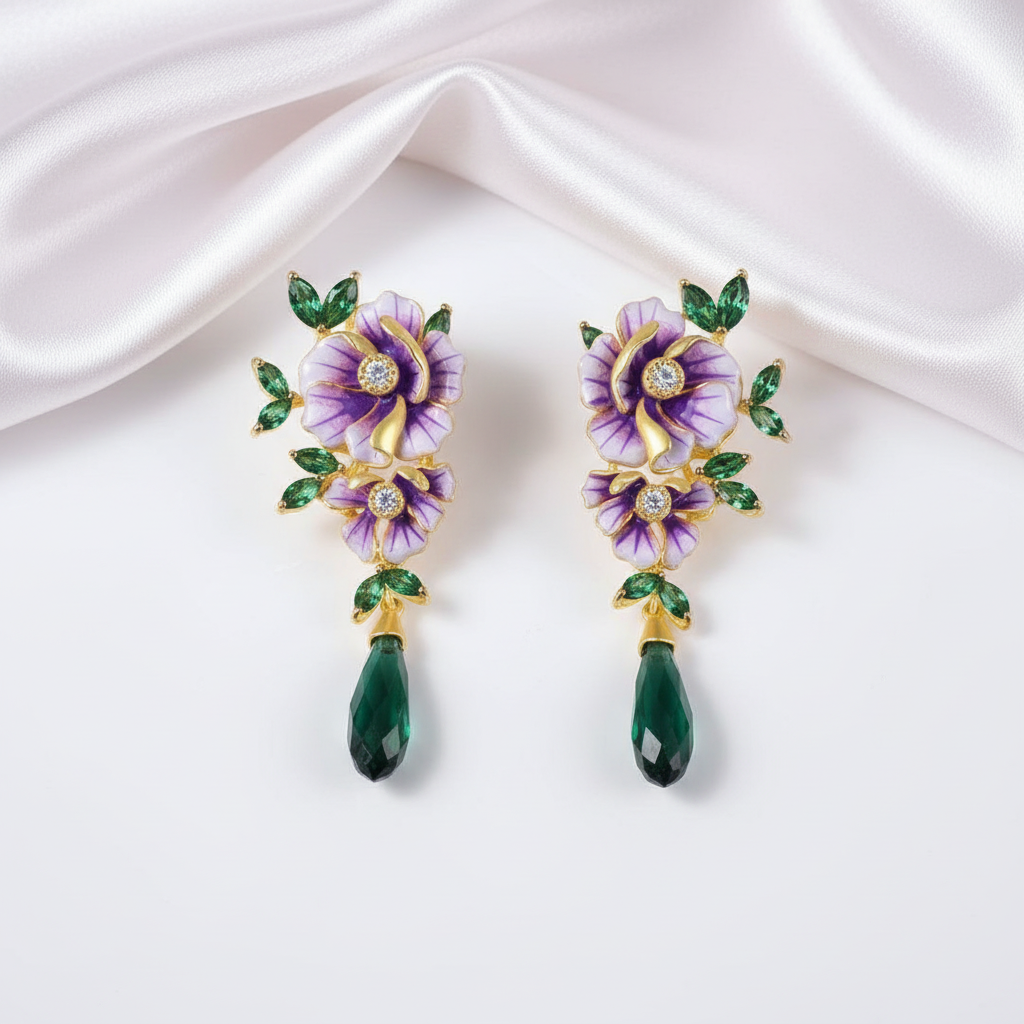 Delicate Enamel Flower with Diamond Option Drop Earrings-Black Diamonds New York