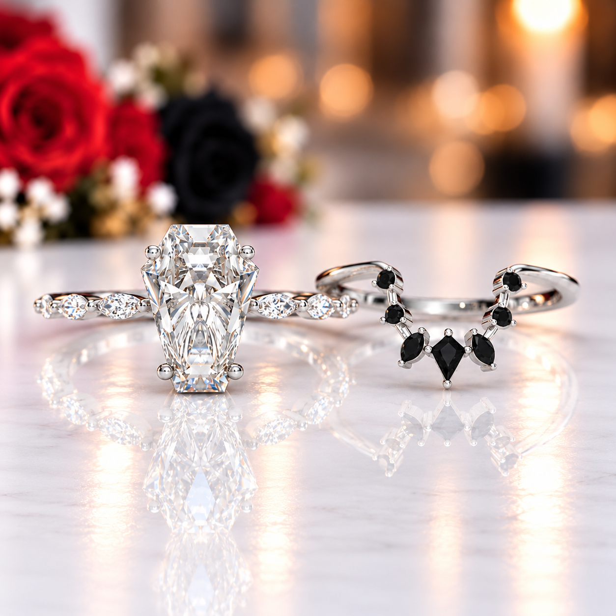 Devoted To You - Limited Coffin Cut Diamond Option Gothic Ring Set-Black Diamonds New York