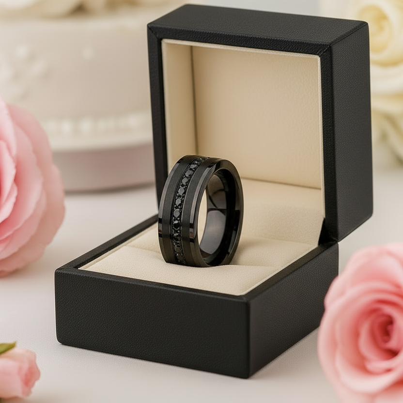Diamond Inlay Beveled Edges Black Tungsten Men's Wedding Band-Black Diamonds New York