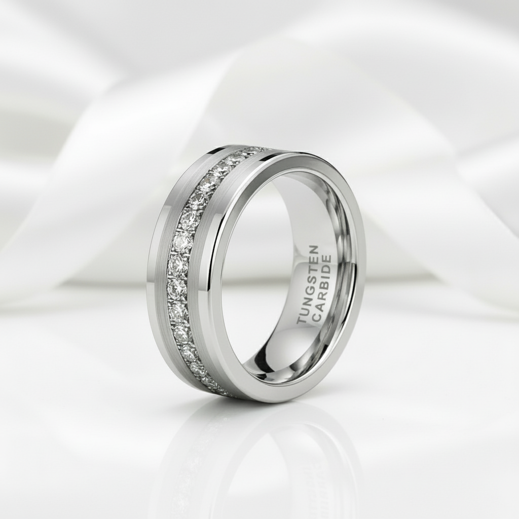 Diamond Inlay Beveled Matte Edges Tungsten Men's Wedding Band-Black Diamonds New York