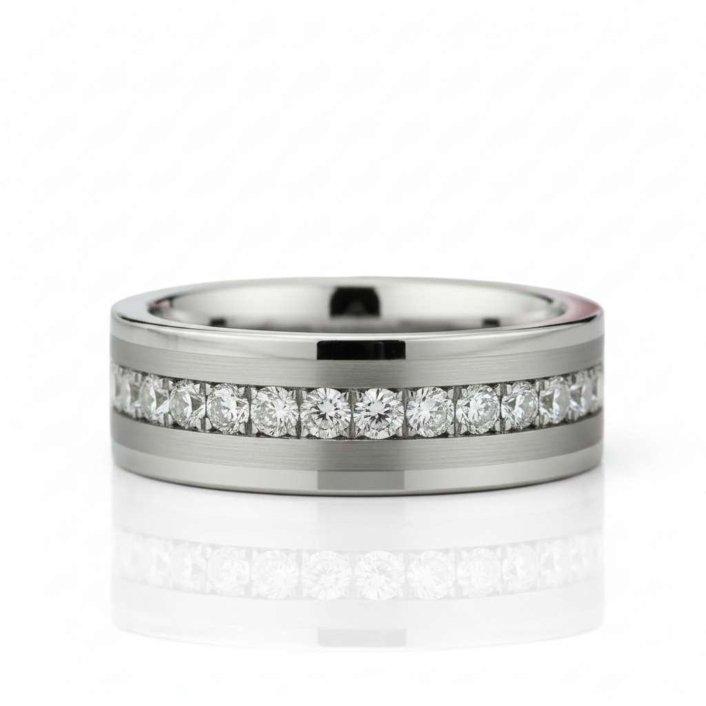A silver-toned band ring featuring a channel-set row of round clear gemstones along the top edge, photographed on a clean white background with a soft reflection below.