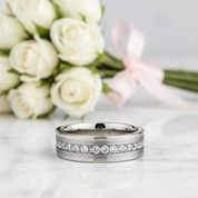 Diamond Inlay Beveled Matte Edges Tungsten Men's Wedding Band-Black Diamonds New York