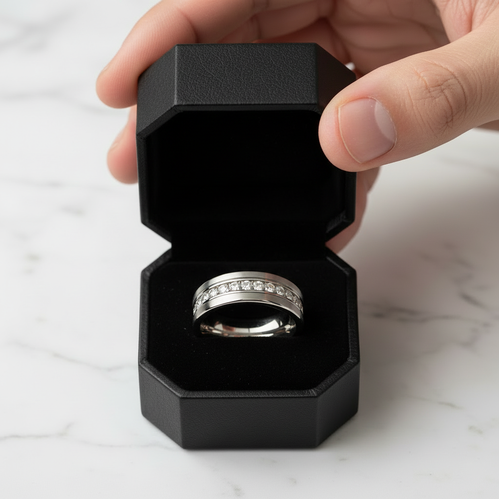 Diamond Inlay Beveled Matte Edges Tungsten Men's Wedding Band-Black Diamonds New York