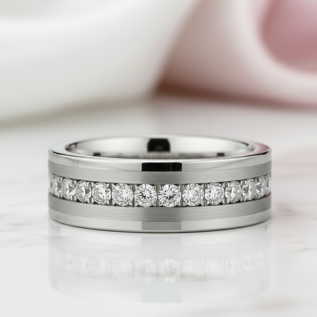 Diamond Inlay Beveled Matte Edges Tungsten Men&#39;s Wedding Band-Black Diamonds New York