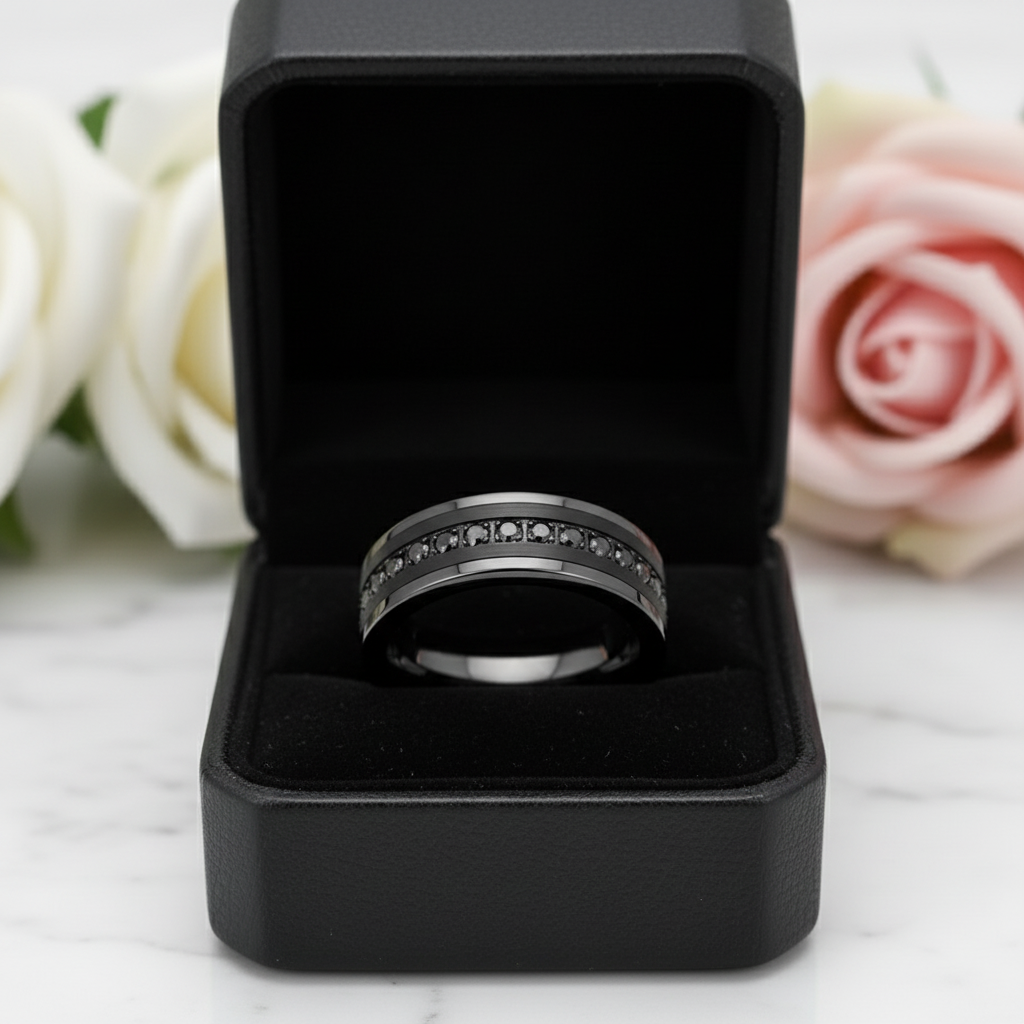 Beveled Edges Diamond Option Inlay Black Tungsten Men's Wedding Band-Black Diamonds New York