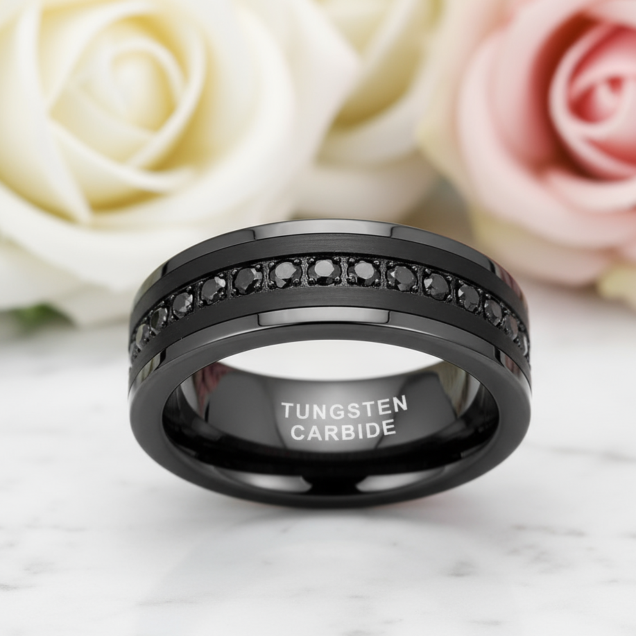 Beveled Edges Diamond Inlay Black Tungsten Men's Wedding Band