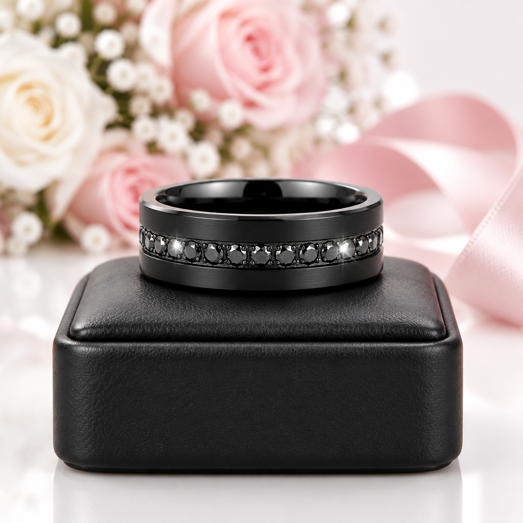 A black metal band ring with a row of small dark gemstones, displayed on a black jewelry box with soft pink roses and a pink ribbon in the background.