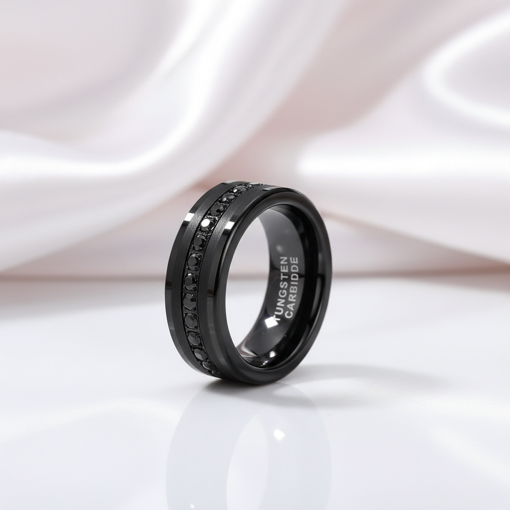 Beveled Edges Diamond Option Inlay Black Tungsten Men's Wedding Band-Black Diamonds New York