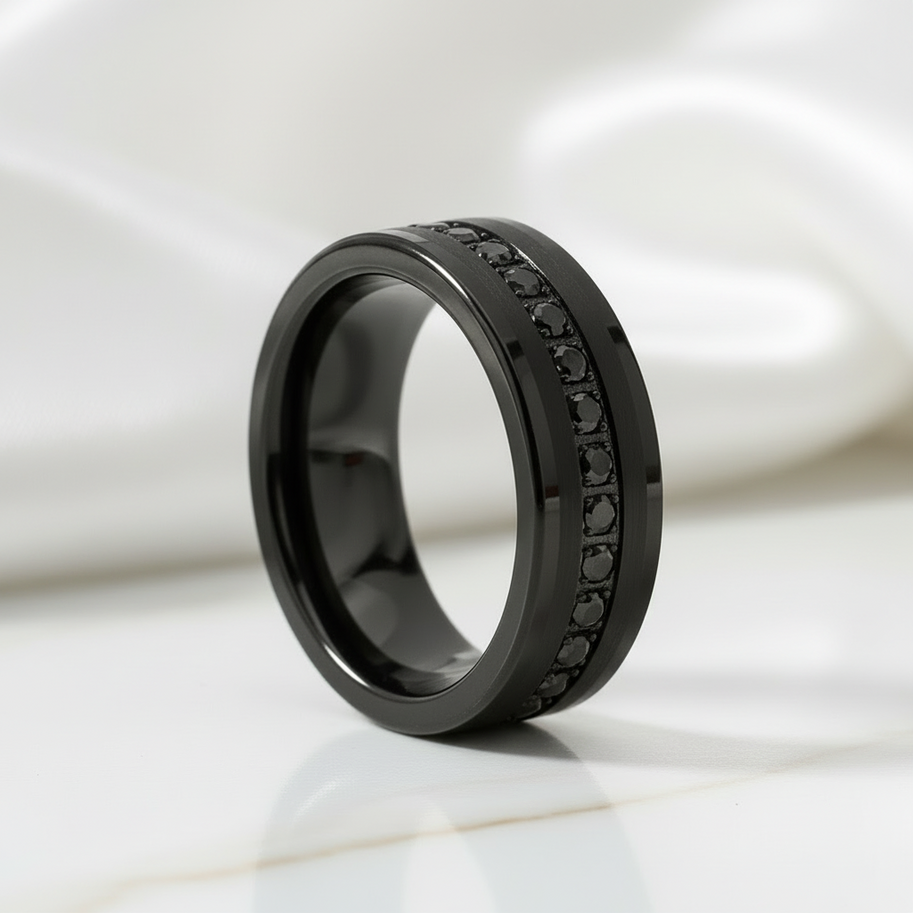 Beveled Edges Diamond Inlay Black Tungsten Men's Wedding Band-Black Diamonds New York
