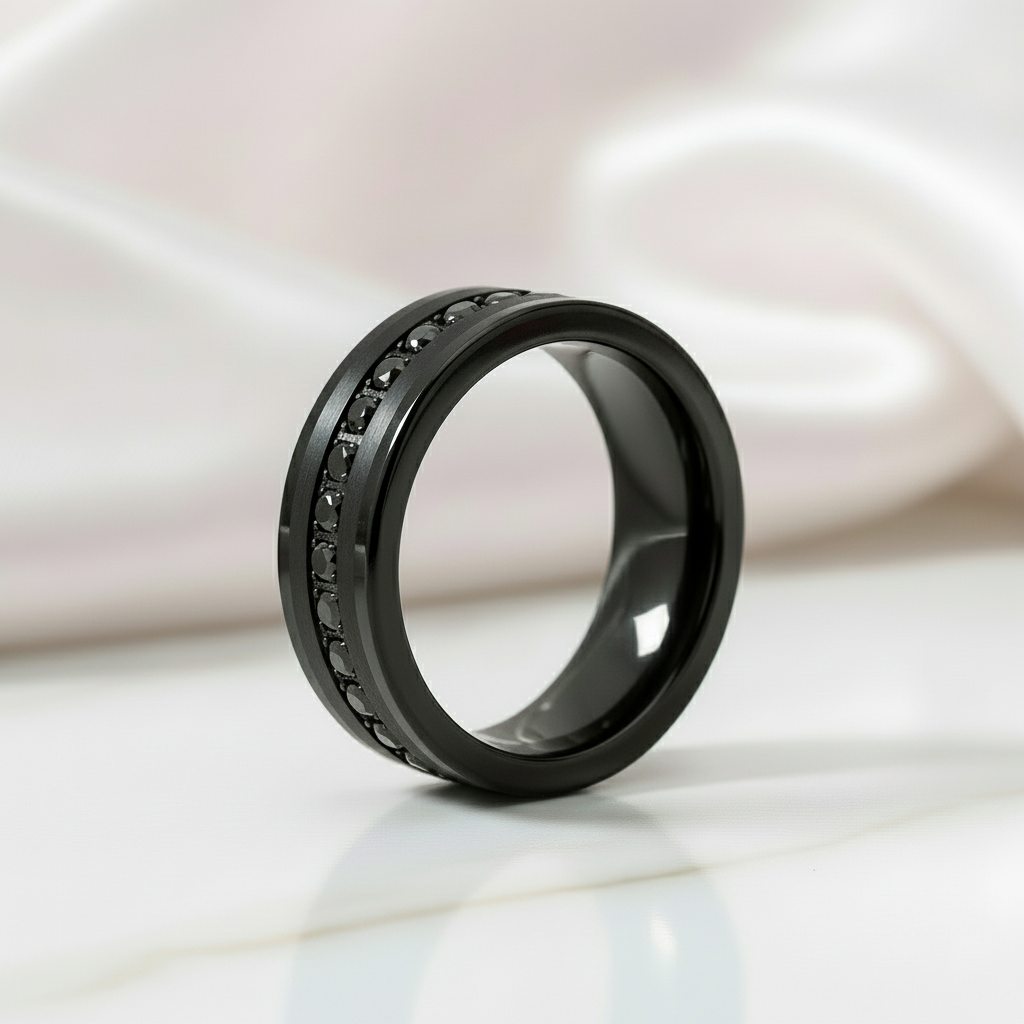 Diamond Inlay Beveled Edges Black Tungsten Men's Wedding Band-Black Diamonds New York
