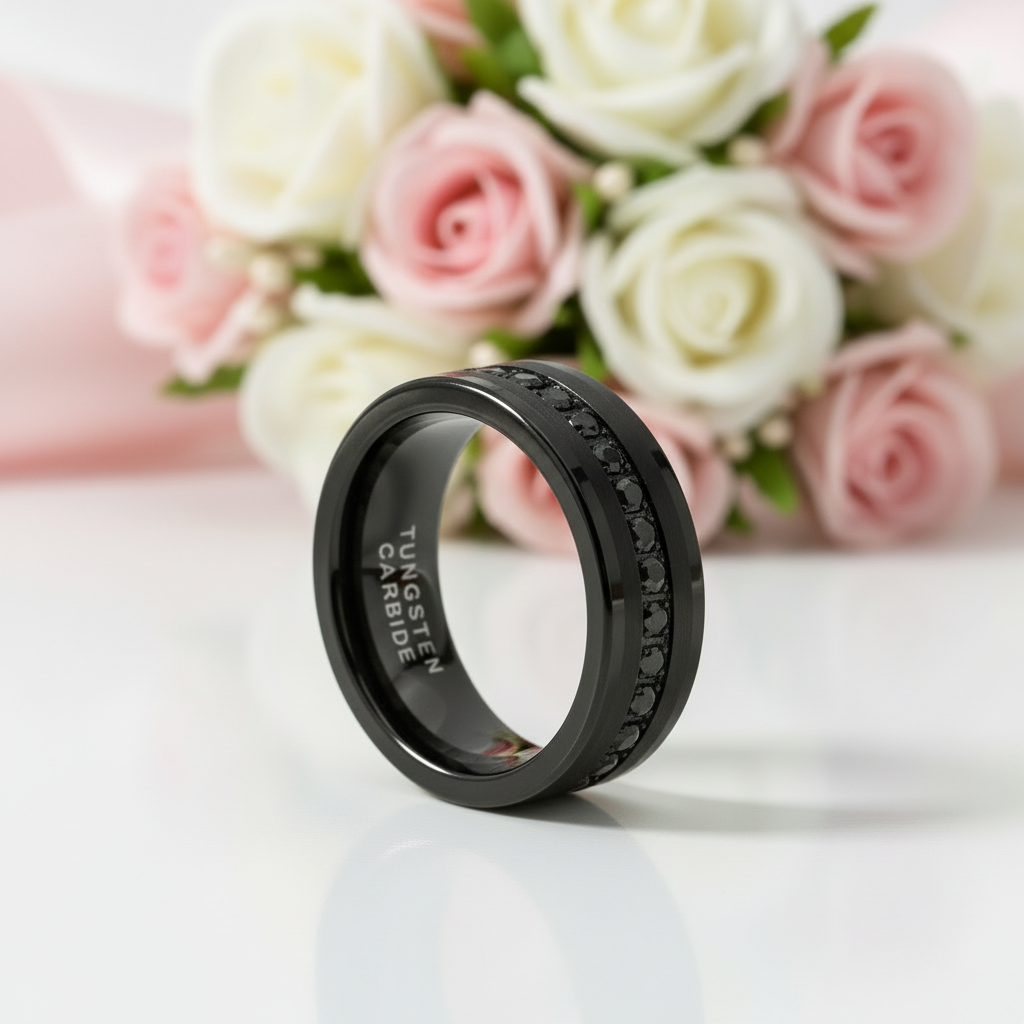 Beveled Edges Diamond Inlay Black Tungsten Men's Wedding Band-Black Diamonds New York