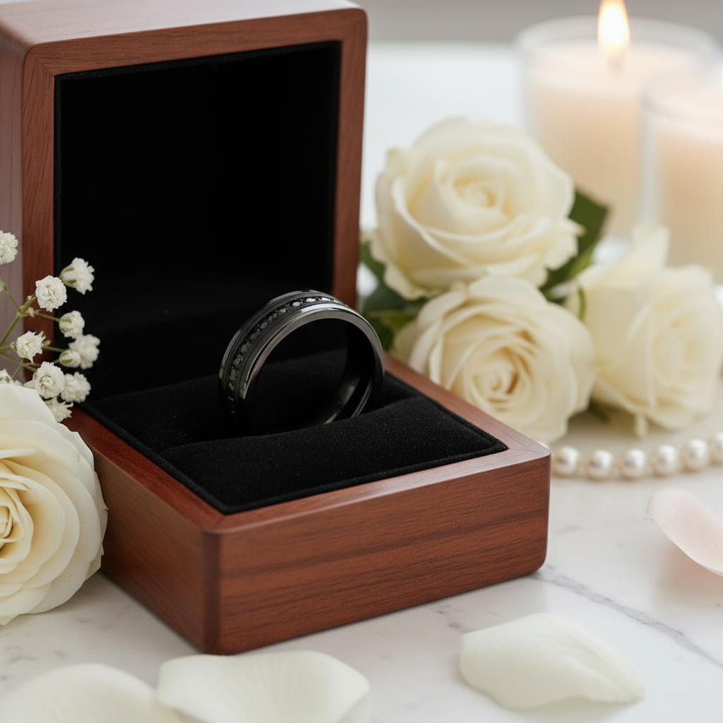 Beveled Edges Diamond Inlay Black Tungsten Men's Wedding Band