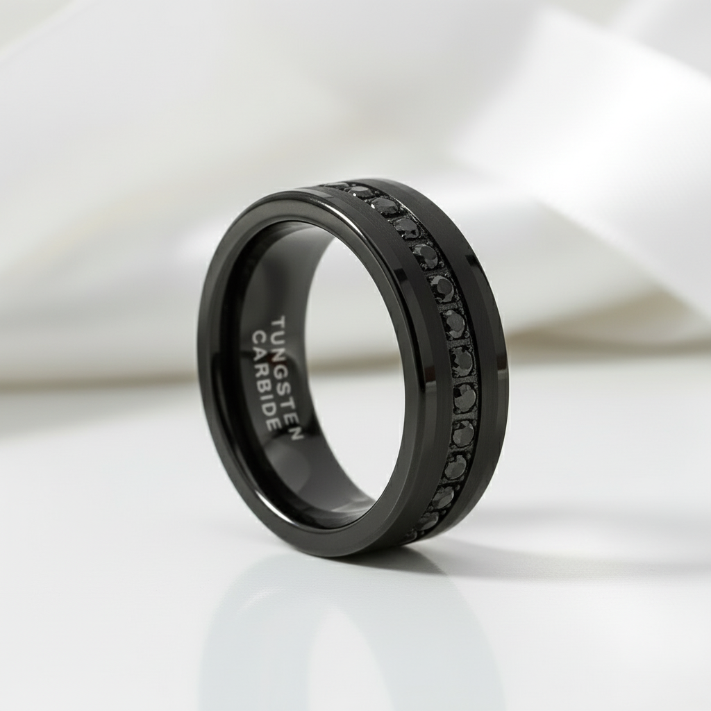 Beveled Edges Diamond Option Inlay Black Tungsten Men's Wedding Band-Black Diamonds New York