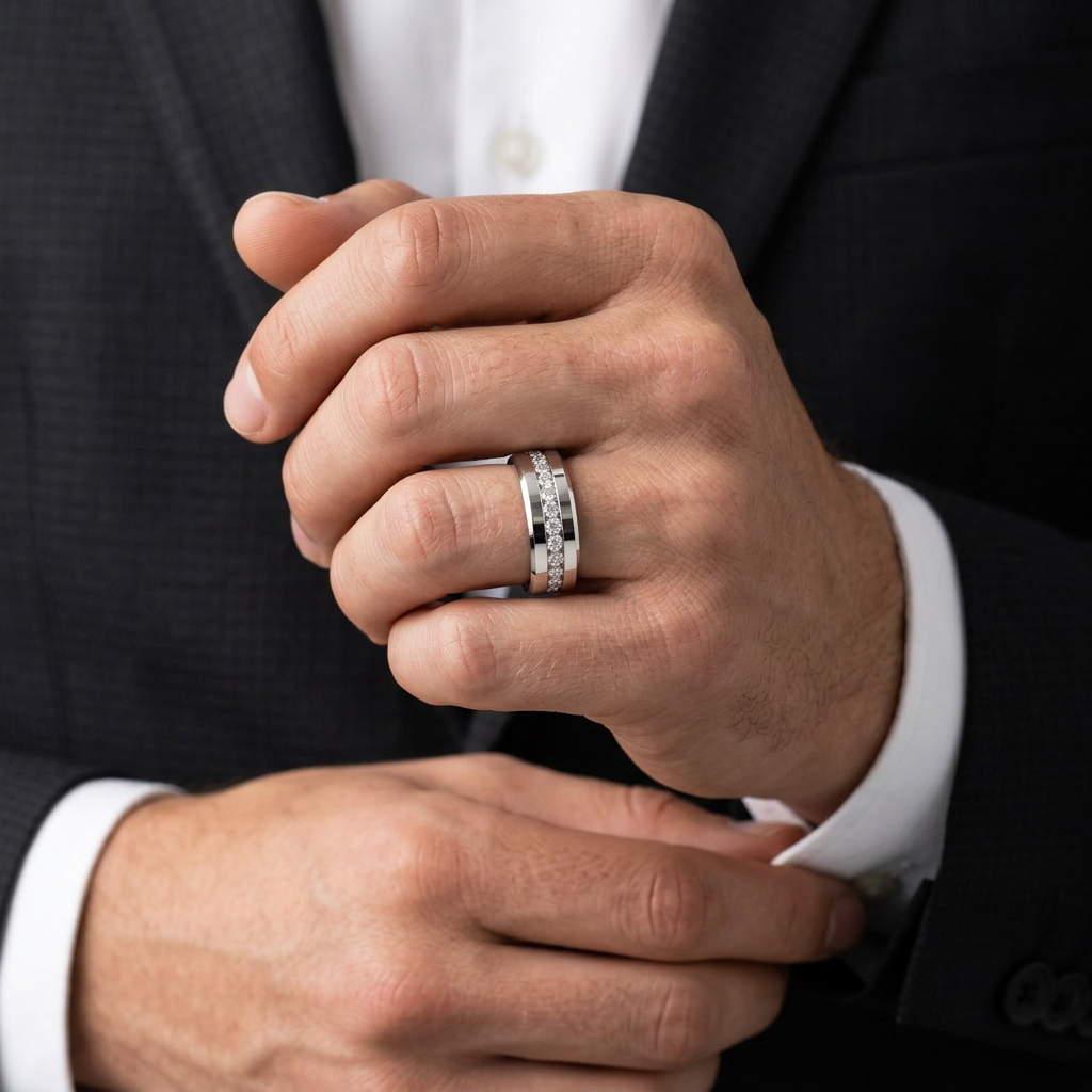 Diamond Option Inlay Beveled Edges Black 10k Gold Men's Wedding Band-Black Diamonds New York