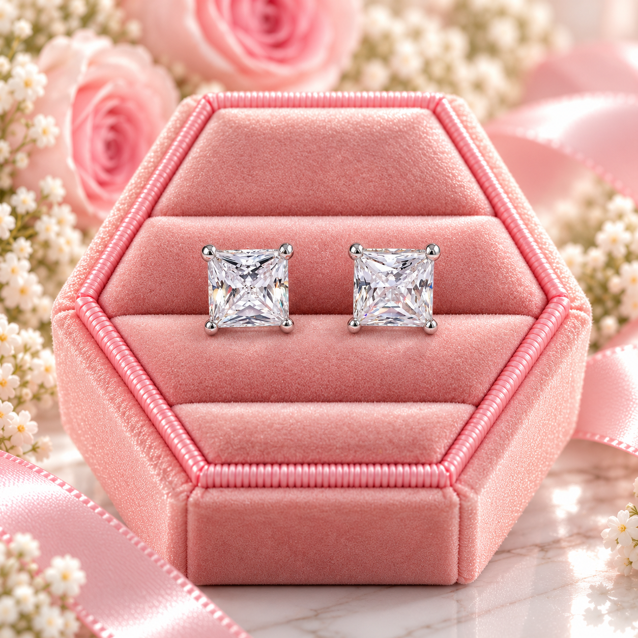Diamond Option Princess Cut Shiny Earrings
