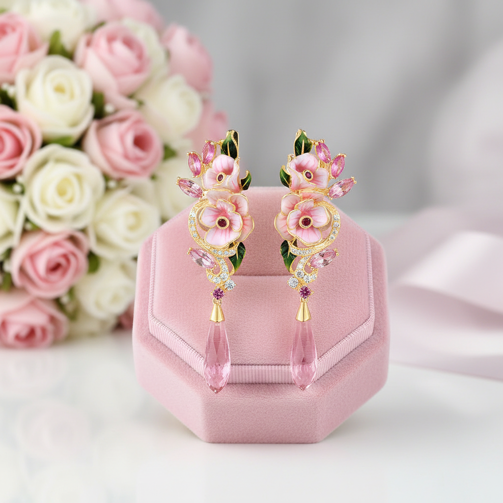Diamond Option Pink Enamel Flower Drop Earrings-Black Diamonds New York