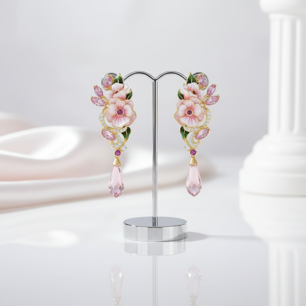 Diamond Option Pink Enamel Flower Drop Earrings-Black Diamonds New York