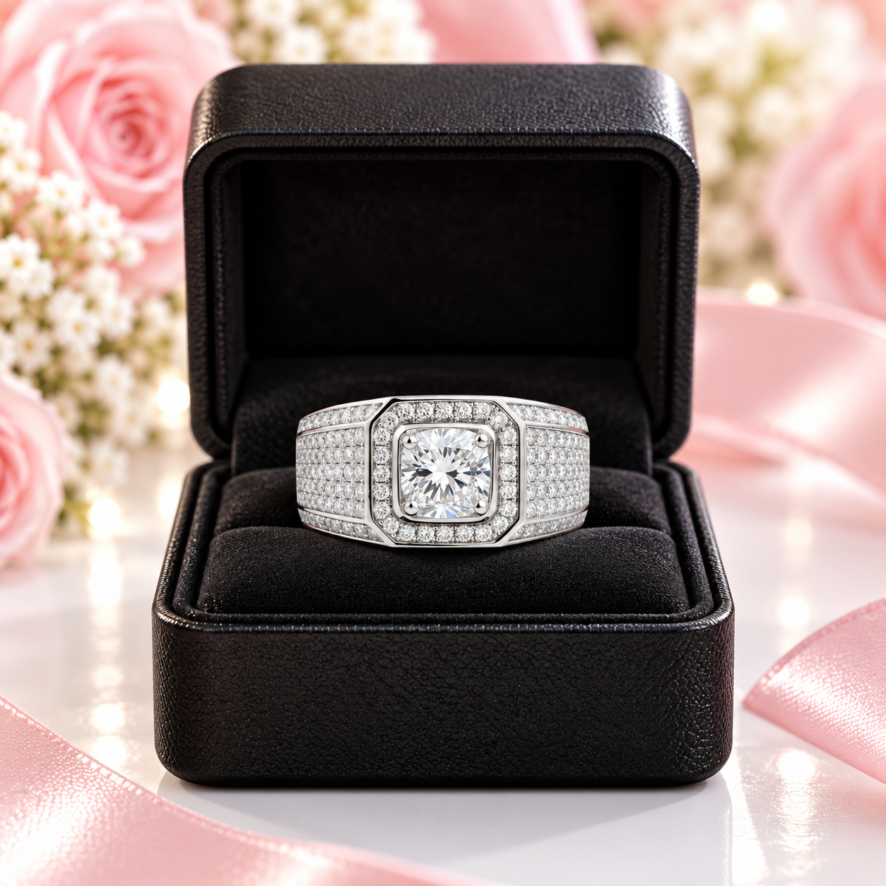 A diamond ring with a square-cut center stone and pavé-set band, displayed inside an open black jewelry box with pink roses and ribbon in the background.