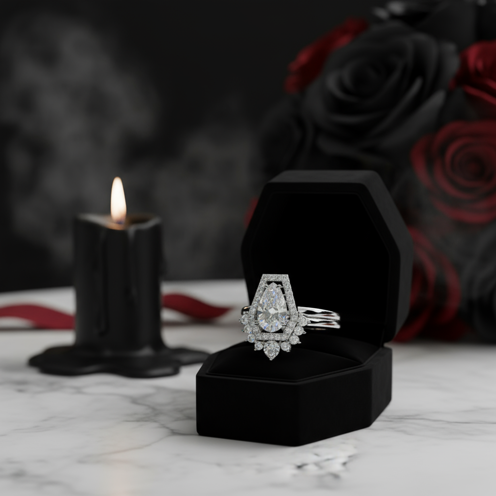 Faithfulness-1ct Black Pear Cut Diamond 14k White Gold Coffin Ring Set-Black Diamonds New York
