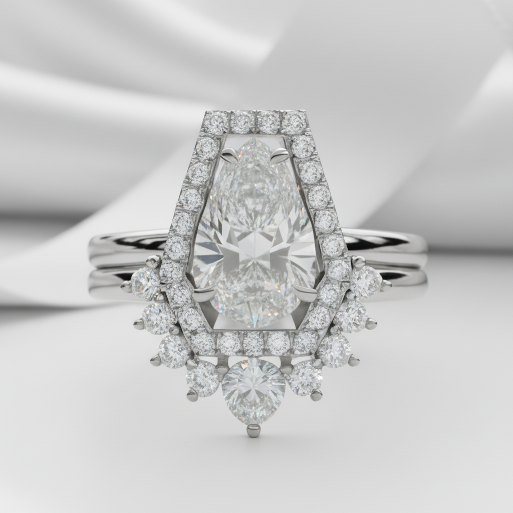 Faithfulness-1ct Black Pear Cut Diamond Option 14k White Gold Coffin Ring Set-Black Diamonds New York