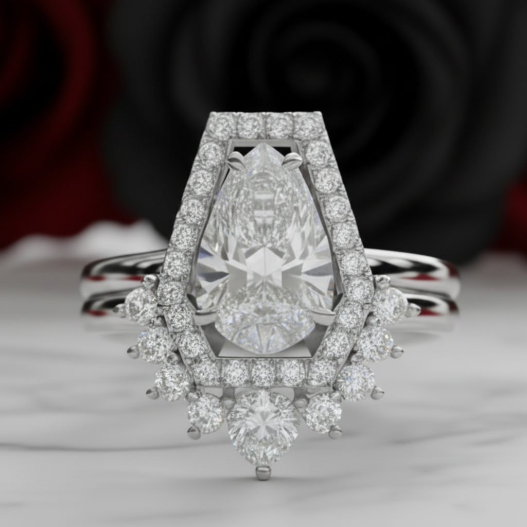 Faithfulness-1ct Black Pear Cut Diamond Option 14k White Gold Coffin Ring Set-Black Diamonds New York