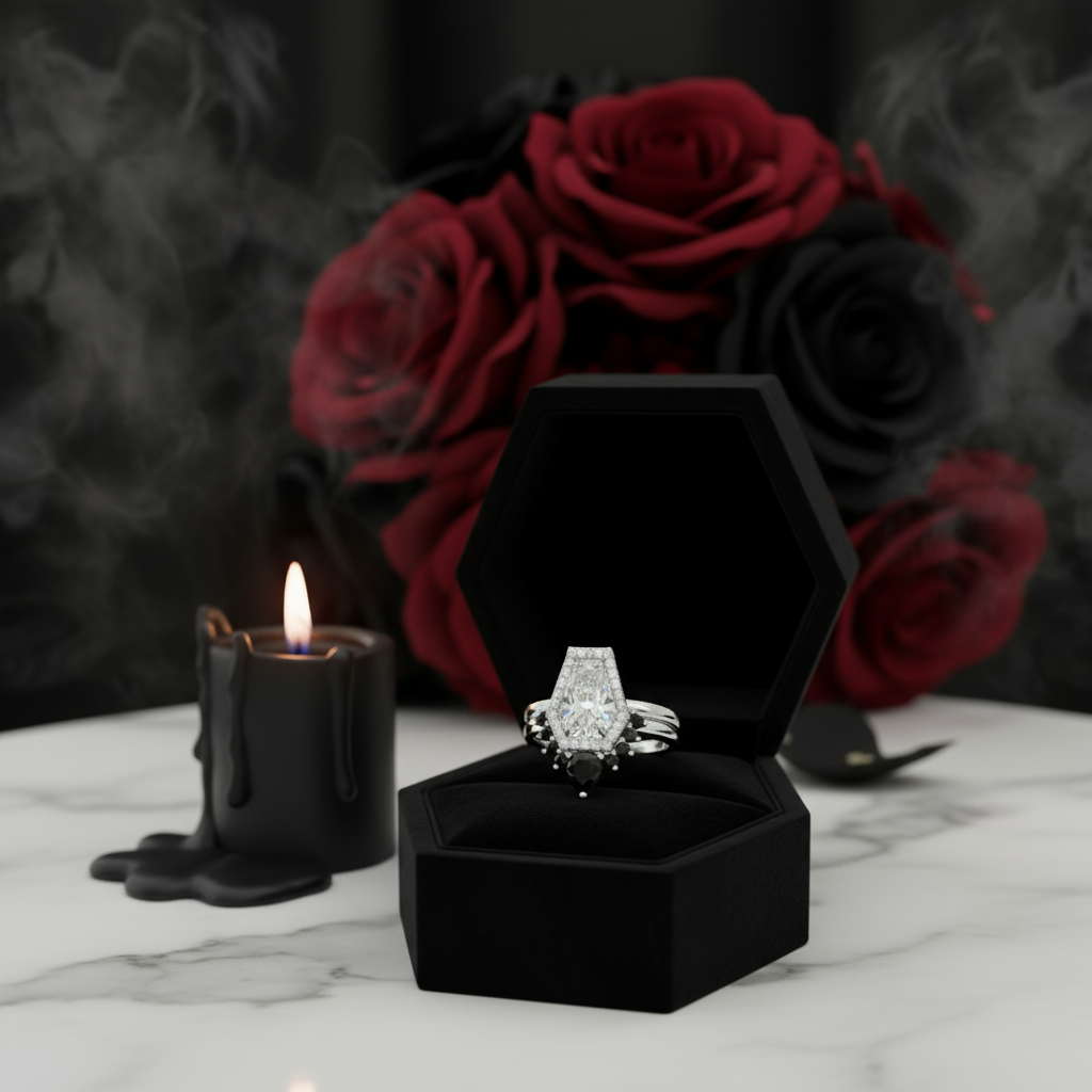 Faithfulness-1ct Black Pear Cut Diamond 14k White Gold Coffin Ring Set-Black Diamonds New York