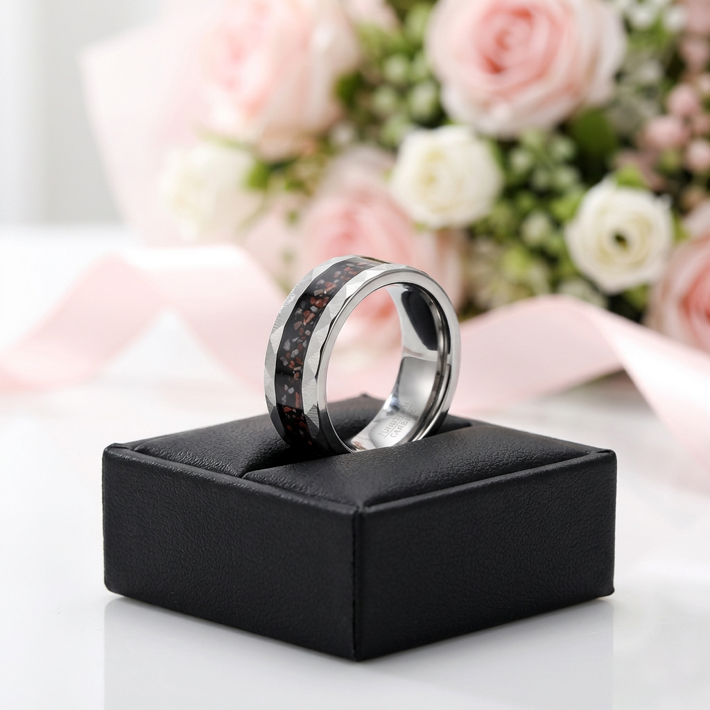 Dinosaur Bone Metal Slag Inlaid Hammered Edge Tungsten Carbide Ring-Black Diamonds New York