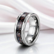 Dinosaur Bone Metal Slag Inlaid Hammered Edge Tungsten Carbide Ring-Black Diamonds New York