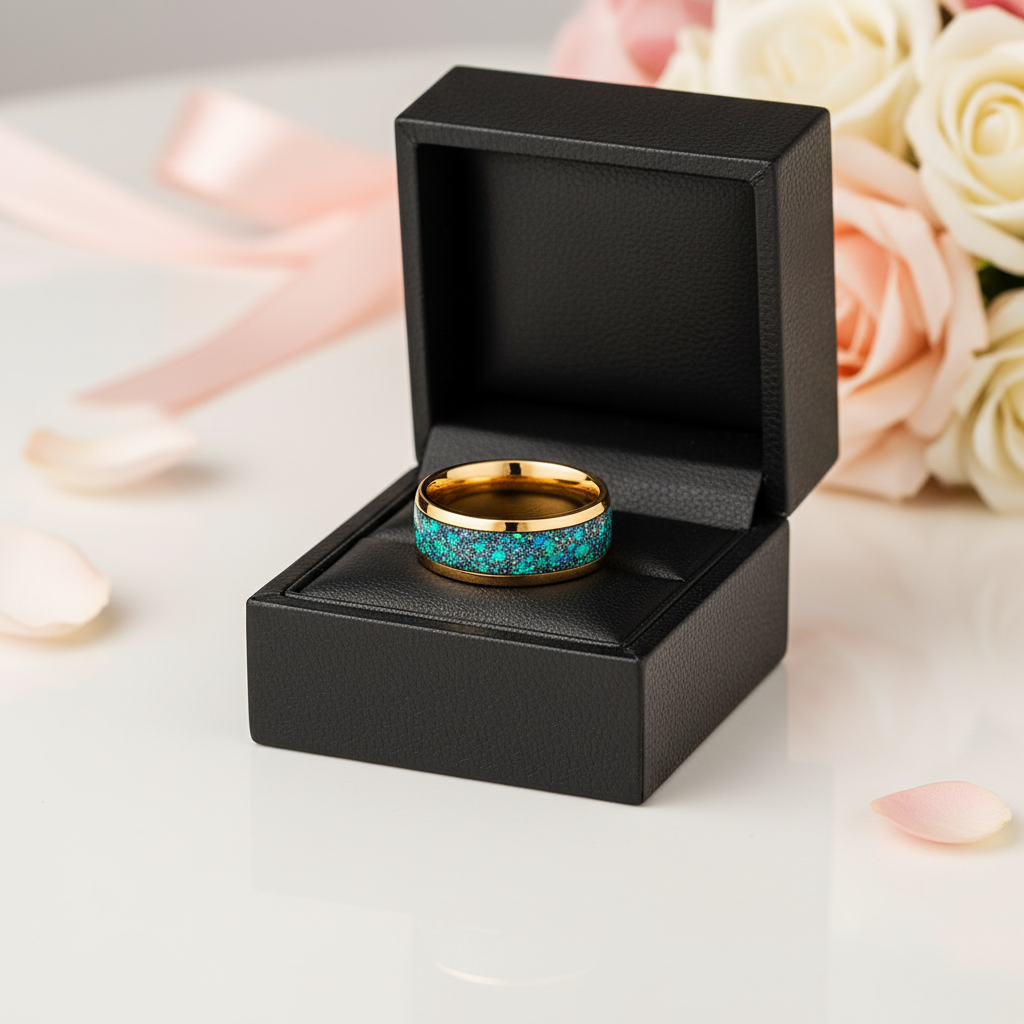 Dome Opal Galaxy Unisex Tungsten Wedding Band-Black Diamonds New York