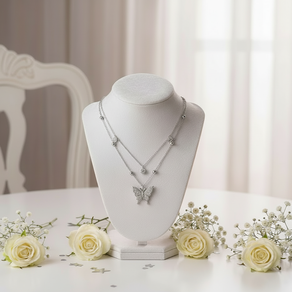 Double-layer Tassel Butterfly Pendant Necklace with Diamond-Black Diamonds New York