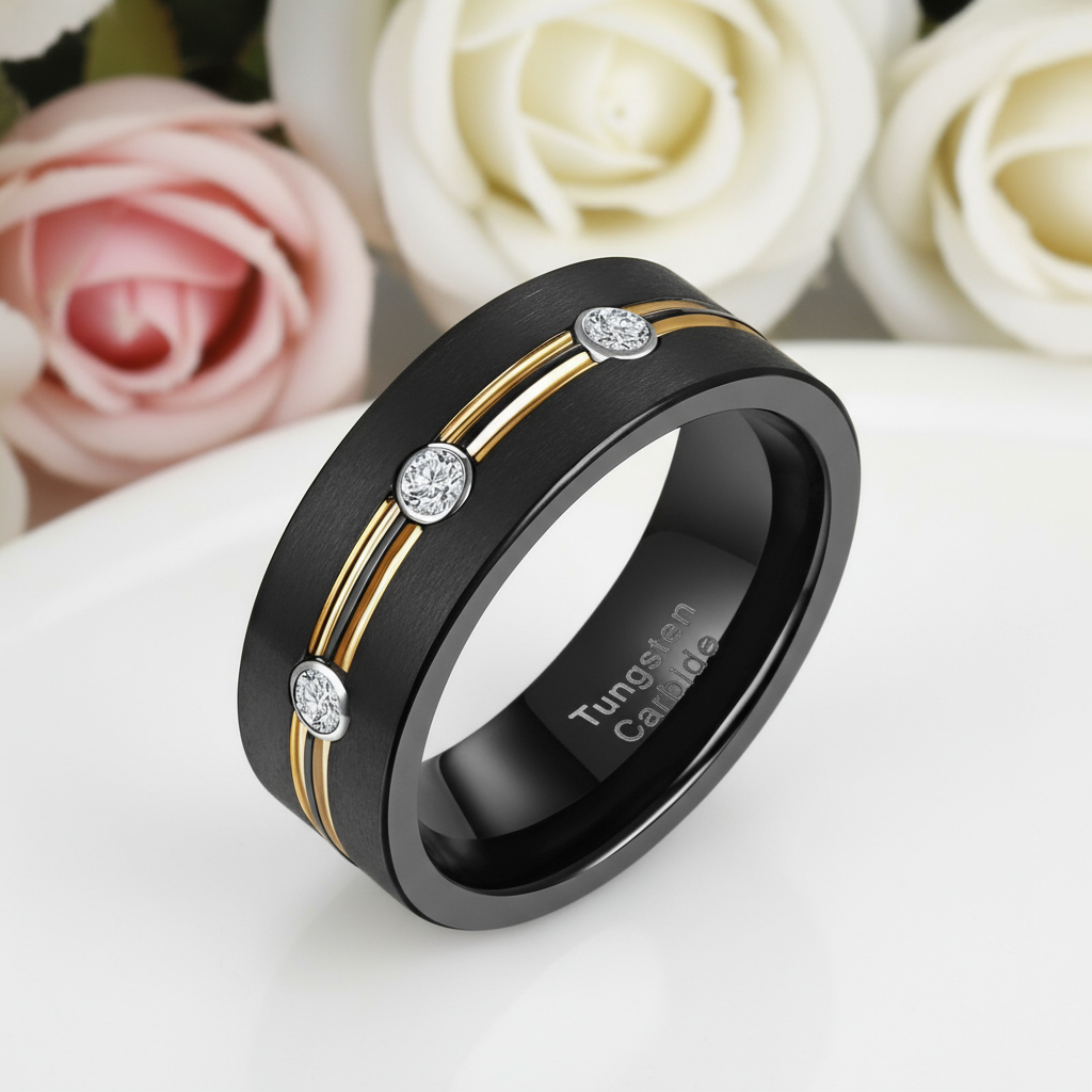Double Gold Lined Black Tungsten Carbide Wedding Band with Diamond-Black Diamonds New York
