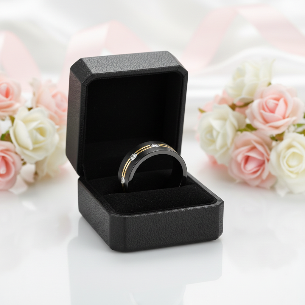 Double Gold Lined Black Tungsten Carbide Wedding Band with Diamond-Black Diamonds New York