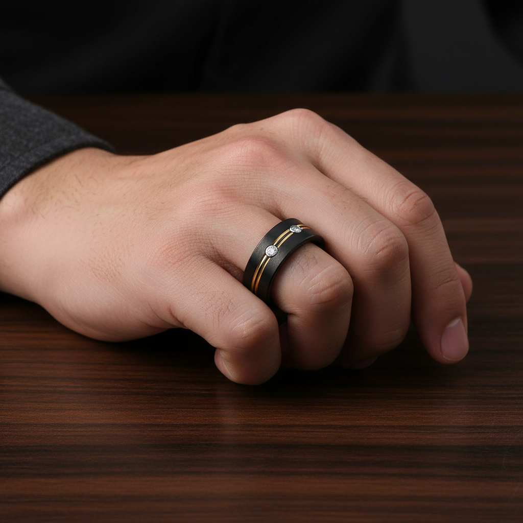 Double Gold Lined Black Tungsten Carbide Wedding Band with Diamond-Black Diamonds New York