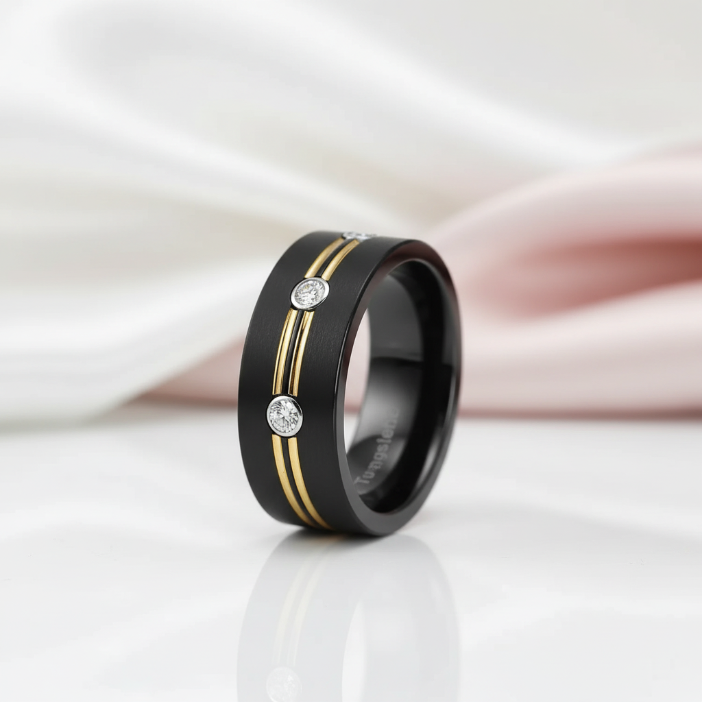 Double Gold Lined Black Tungsten Carbide Wedding Band with Diamond Option-Black Diamonds New York