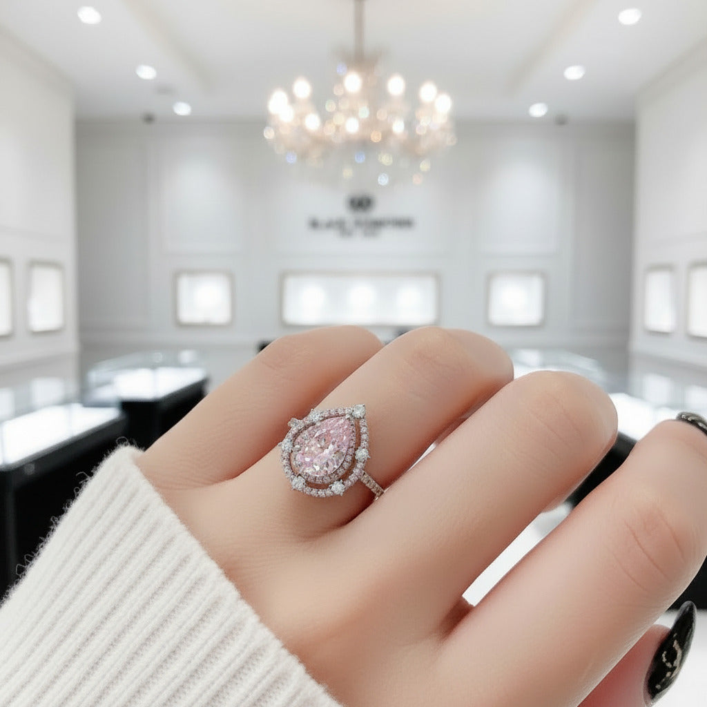 Double Halo 2.0Ct 2-Tone Romantic Pink Pear Cut Engagement Ring-Black Diamonds New York