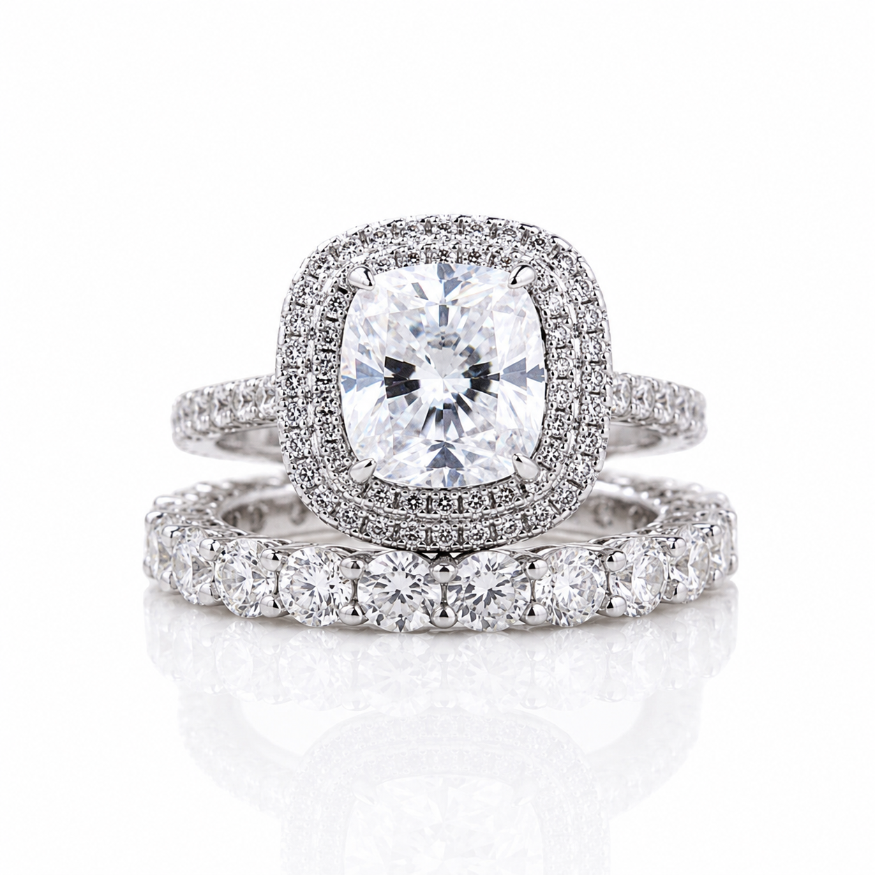Double Halo 3.0 Carat Cushion Cut Wedding Ring Set-Black Diamonds New York