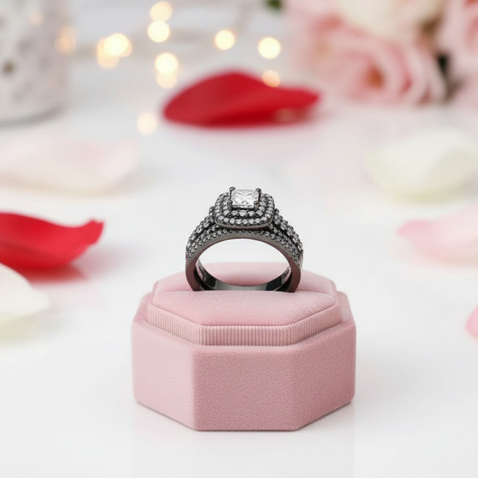 Double Halo Cushion Cut Diamond Black Engagement Ring Set-Black Diamonds New York