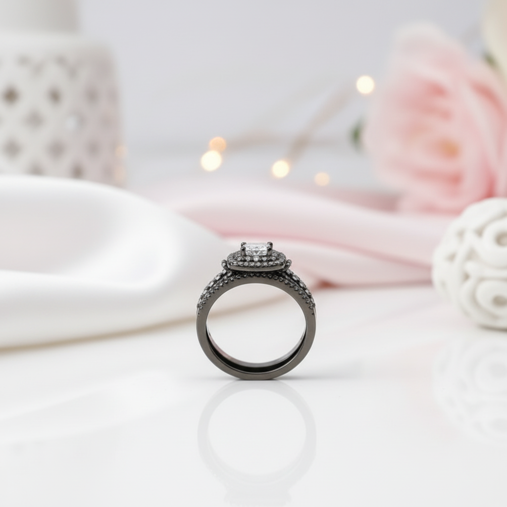 Double Halo Cushion Cut Diamond Option Black Engagement Ring Set-Black Diamonds New York
