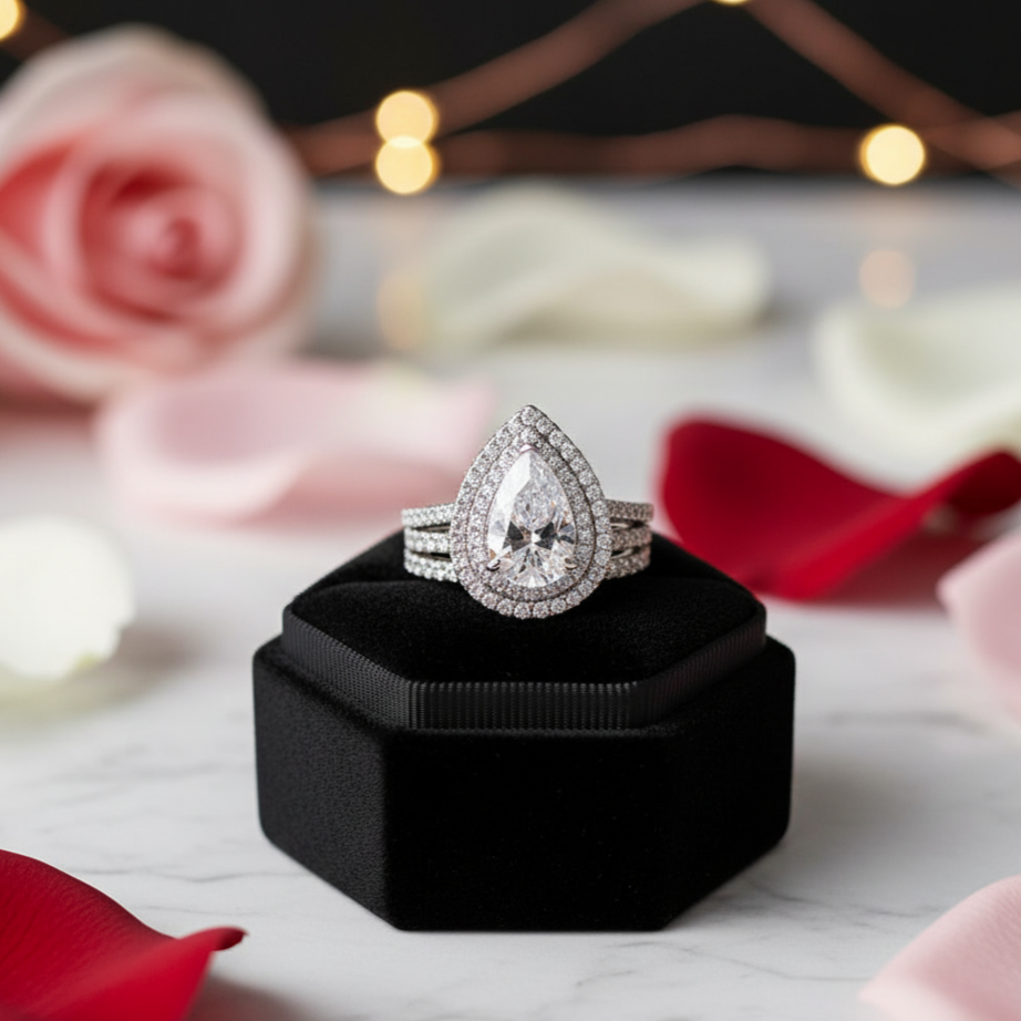 Double Halo Pear Cut 3-Pieces Wedding Set-Black Diamonds New York