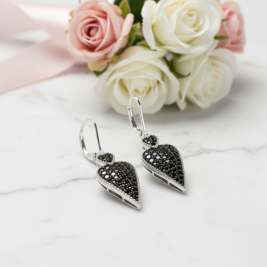 Double Heart 2.50 Ct Black Spinel Drop Earrings-Black Diamonds New York