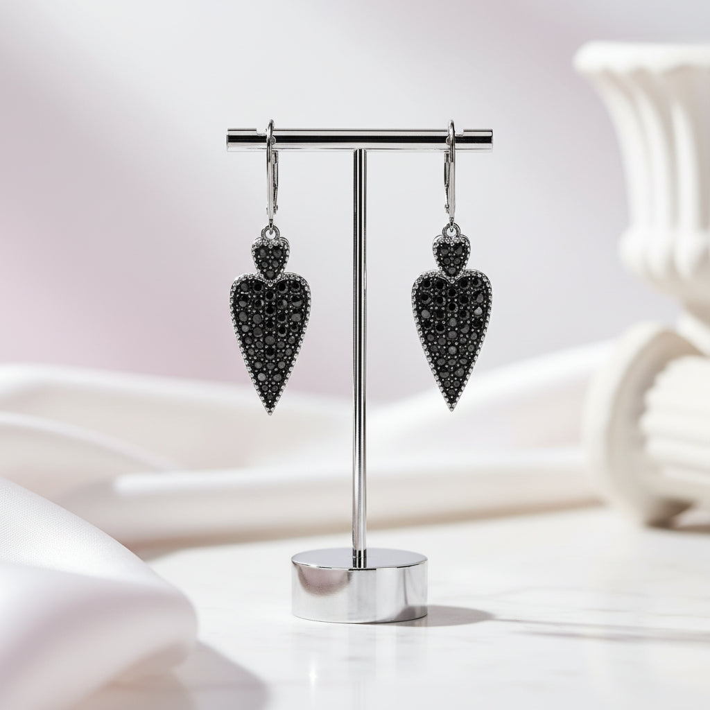 Double Heart 2.50 Ct Black Spinel Drop Earrings-Black Diamonds New York