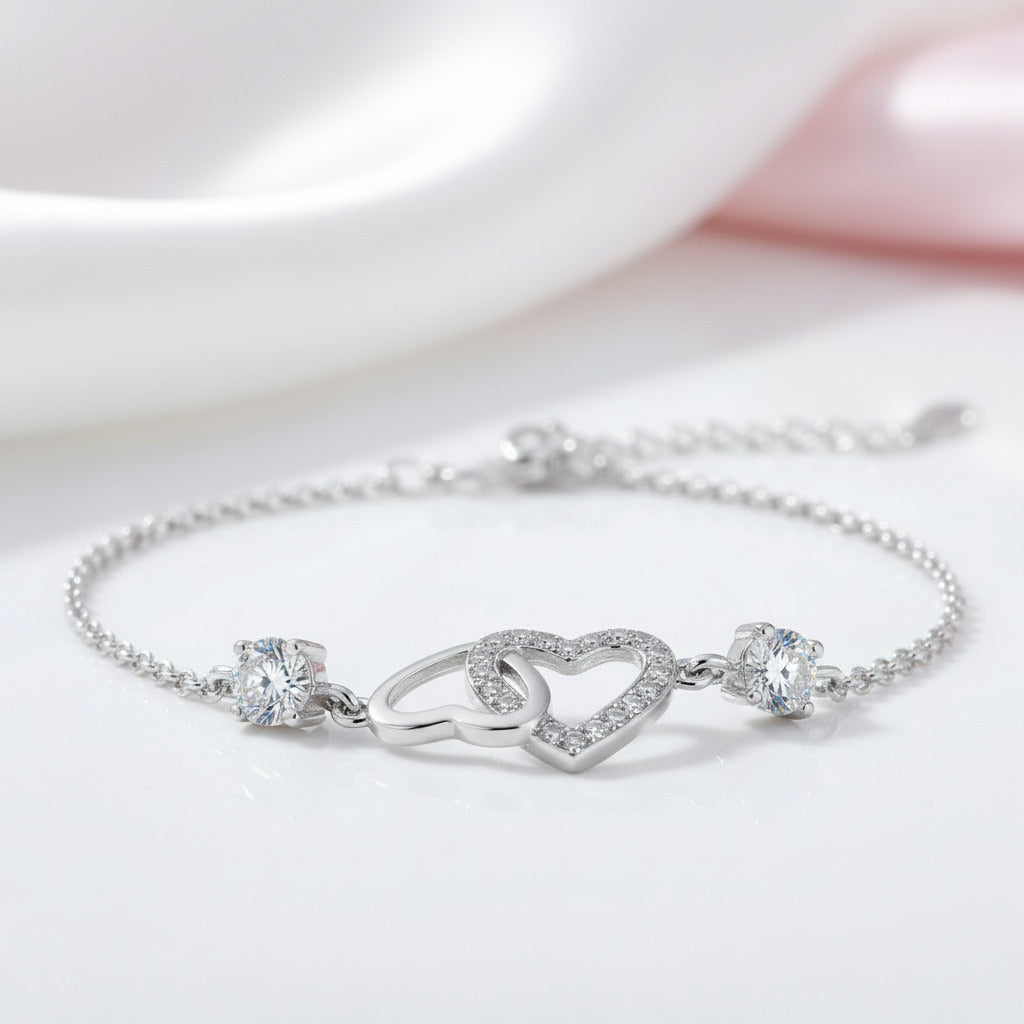 Double Heart Bracelet In Sterling Silver-Black Diamonds New York