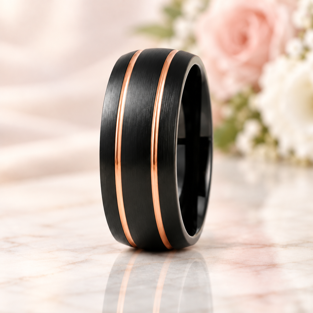 Double Line Inlay Black Tungsten Carbide Men's Ring-Black Diamonds New York