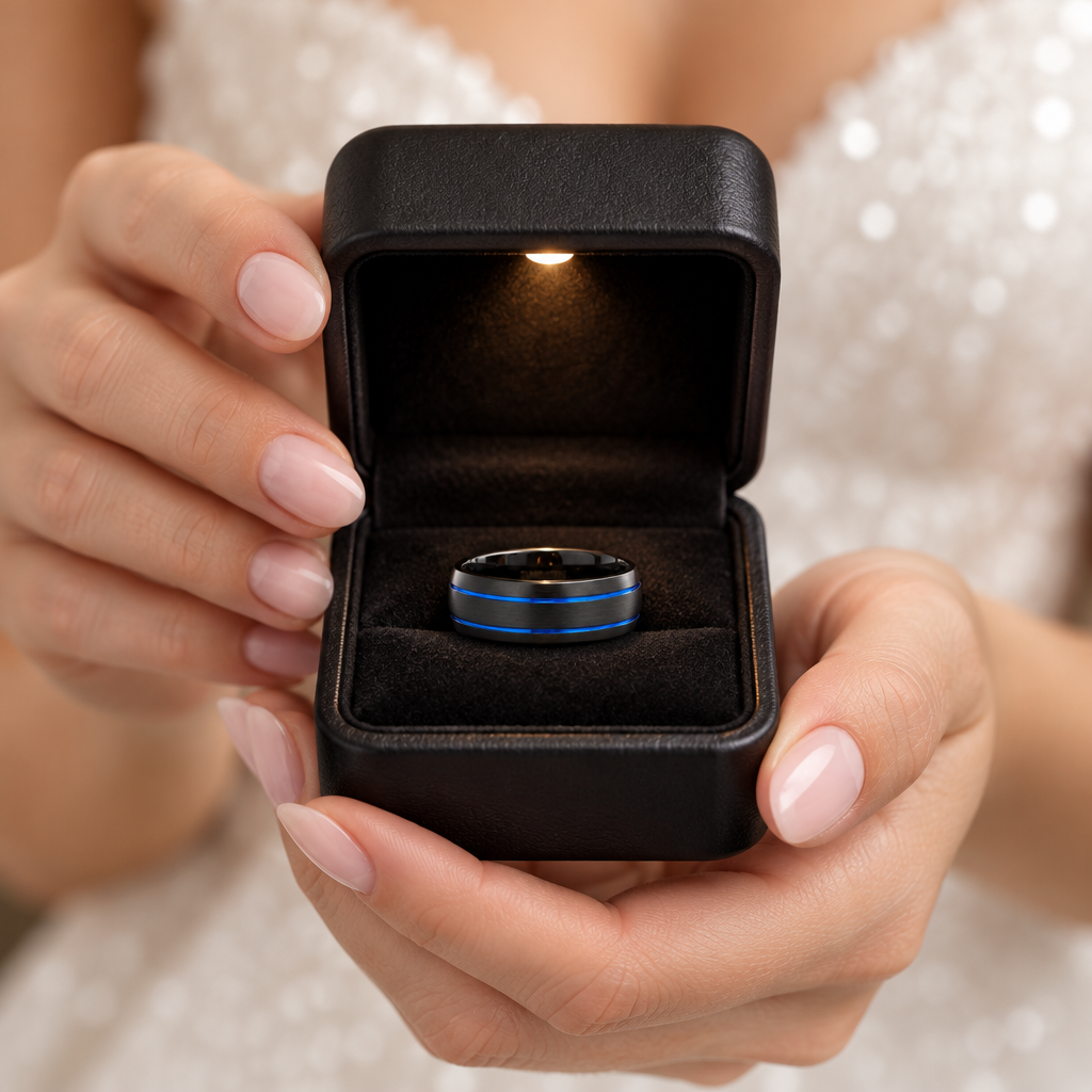 Double Line Inlay Black Tungsten Carbide Men's Ring-Black Diamonds New York