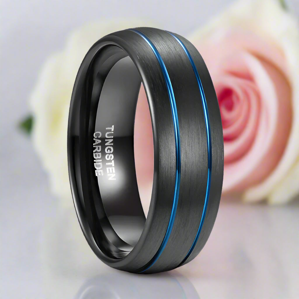 Double Line Inlay Black Tungsten Carbide Men's Ring-Black Diamonds New York