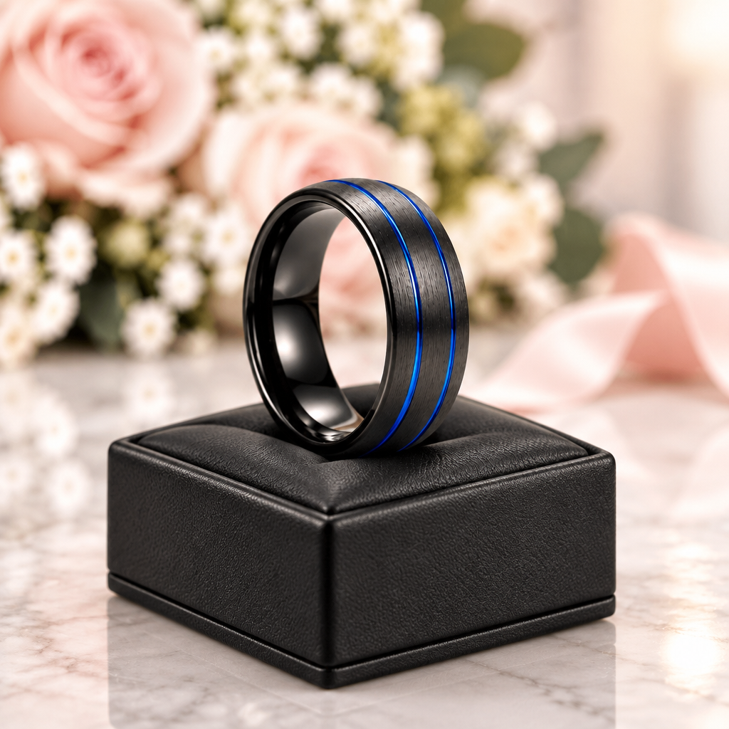A black metal ring with two parallel blue lines, displayed on a black square jewelry box against a soft-focus background of pink roses and white flowers.