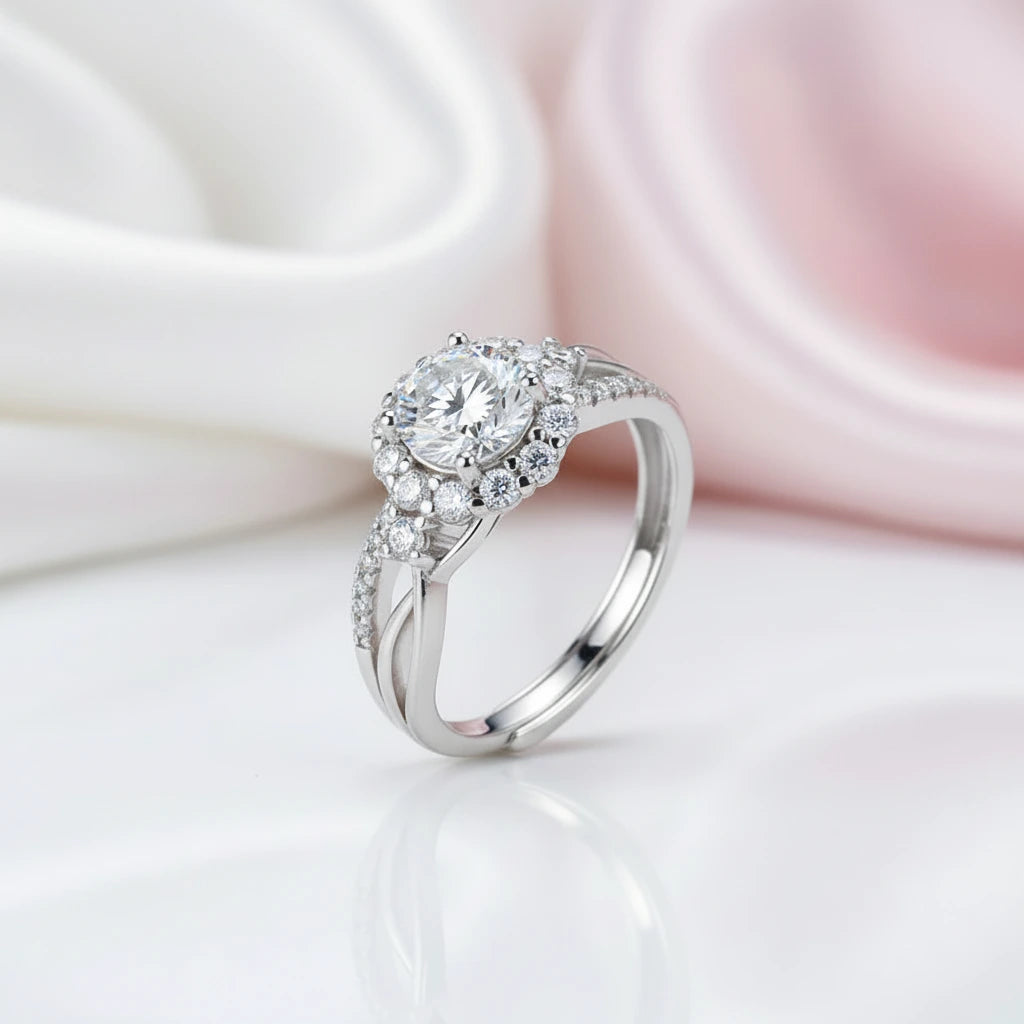 Double Shank 1.0 Ct Round Cut Diamond Halo Engagement Ring-Black Diamonds New York